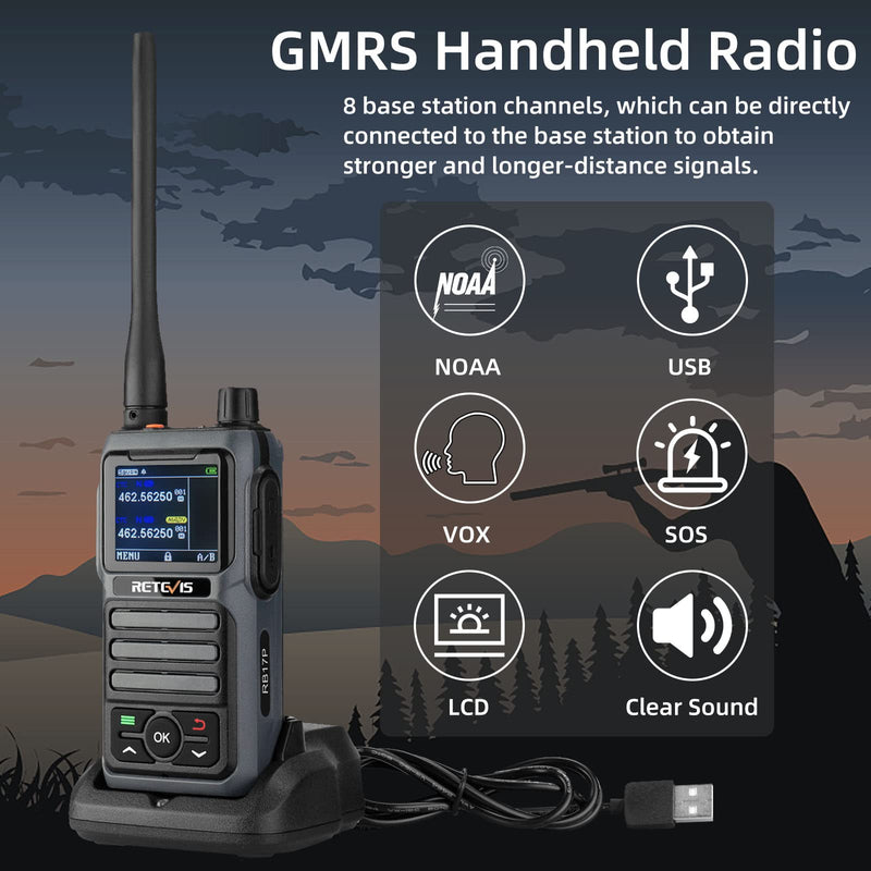 [Australia - AusPower] - Retevis RB17P GMRS Radio,Long Range Two Way Radio Rechargeable,2200mAh SOS Siren NOAA Scanning & Receiving, Handheld Walkie Talkies for Adults(1 Pack) 