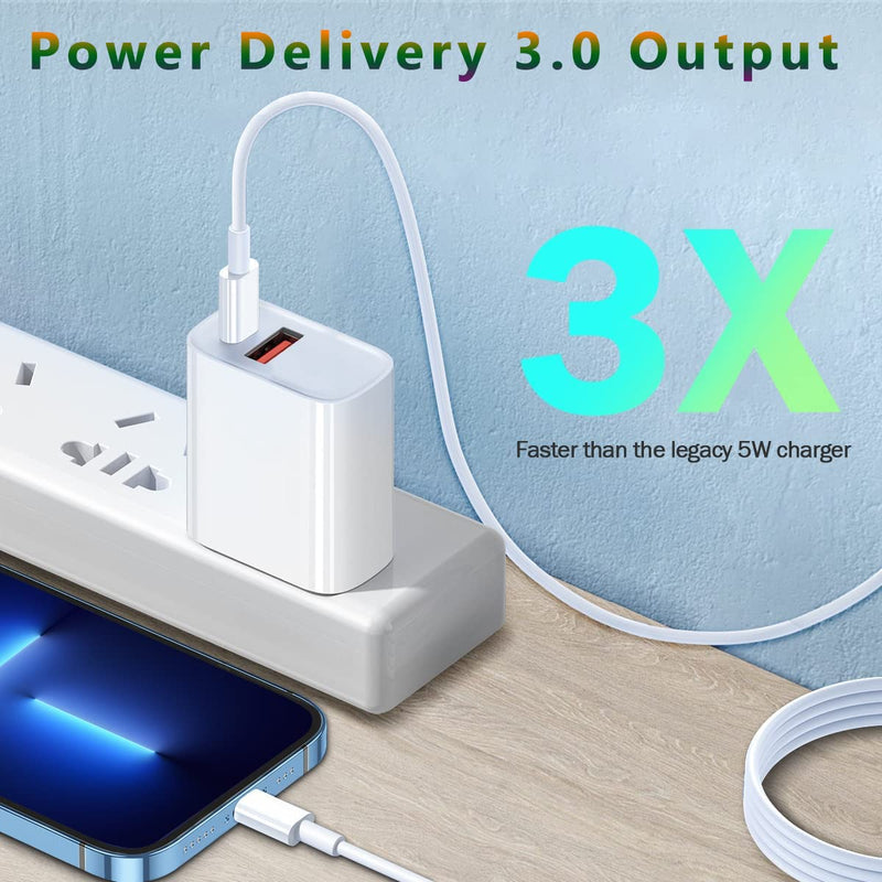 [Australia - AusPower] - 20W USB C Fast Charger, Dual Port PD + Quick Charger Type C Wall Charger with 3 x 6FT Charger Cable Compatible with iPhone 13/13 Mini/13 Pro Max/12 Mini/12 Pro Max/11/XS/XR/X/8, iPad, AirPods Pro Max 