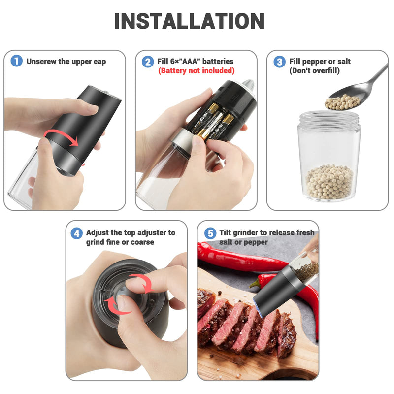 [Australia - AusPower] - MOVNO Gravity Electric Salt and Pepper Grinder Set of 2 with Blue LED Light, Battery Powered Pepper Automatic Mill Grinder with a Brush, Adjustable Coarseness, One Hand Operation, Black 2 pack 