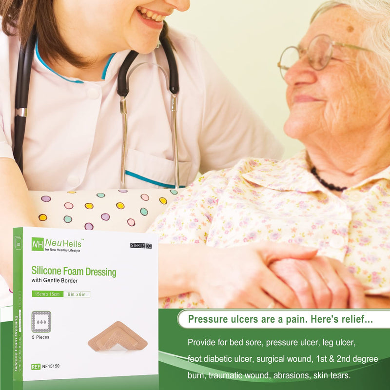 [Australia - AusPower] - Silicone Adhesive Foam Dressing with Gentle Border 6 x 6 inch for Bed Sore Leg Ulcer, 5 Pack, High Absorbency Waterproof Silicone Wound Bandage for Pressure Ulcer by NeuHeils 6''x6'' 