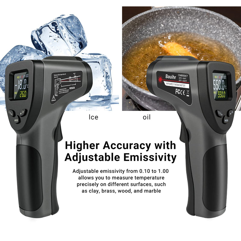 [Australia - AusPower] - Bauihr Infrared Thermometer, Digital Laser Temperature Gun Non-Contact with LCD Backlit Display, Adjustable Emissivity, -58°F to 1022°F (-50°C to 550°C) for Cooking, Home Repairs, etc 