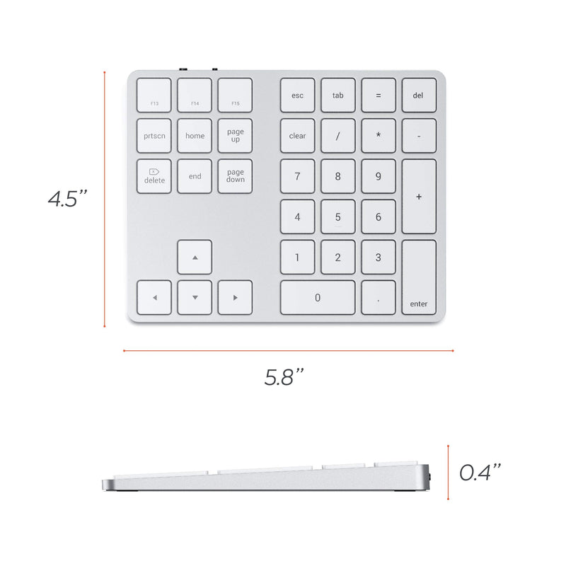 [Australia - AusPower] - Satechi Bluetooth Extended Numeric Keypad – Slim Rechargeable 34-Key Numberpad – Compatible with 2020 MacBook Air, 2020 iPad Pro, 2020/2019 MacBook Pro, iMac/iMac Pro (Silver) Silver 