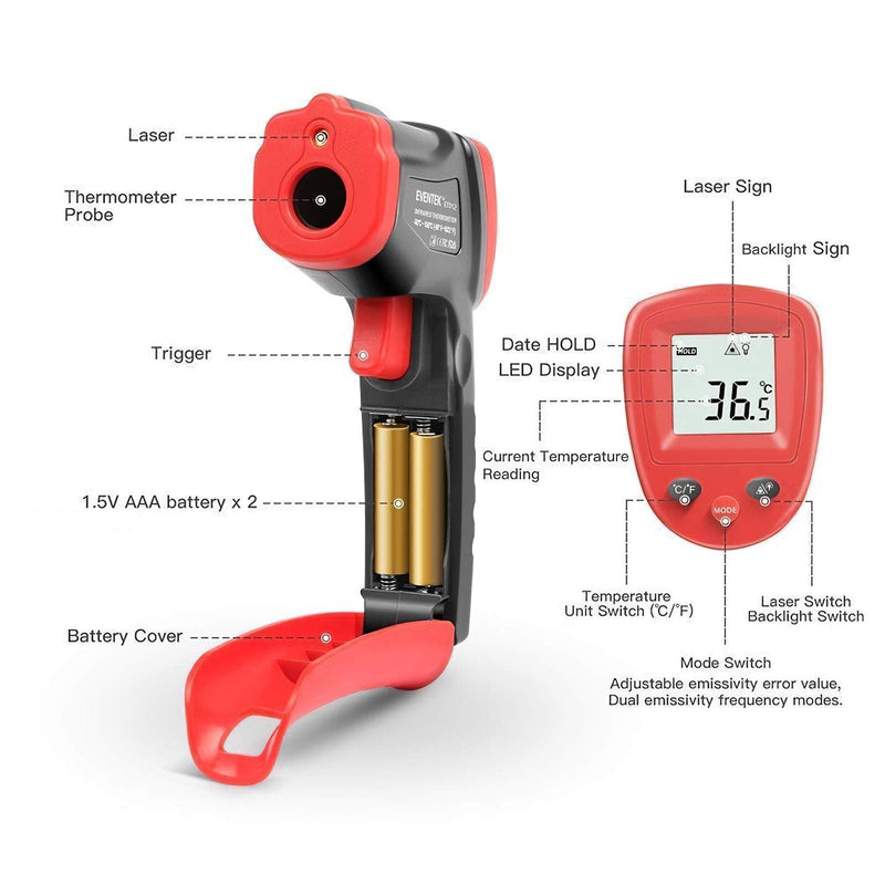 [Australia - AusPower] - Eventek Infrared Thermometer, -50°C~550°C (-58°F~1022°F) IR Laser Thermometer, Non-Contact Digital Temperature Gun for Kitchen Cooking,BBQ,Chocolate,Pizza,Industrial Red/Black【Non-Body use】 Red and Black 