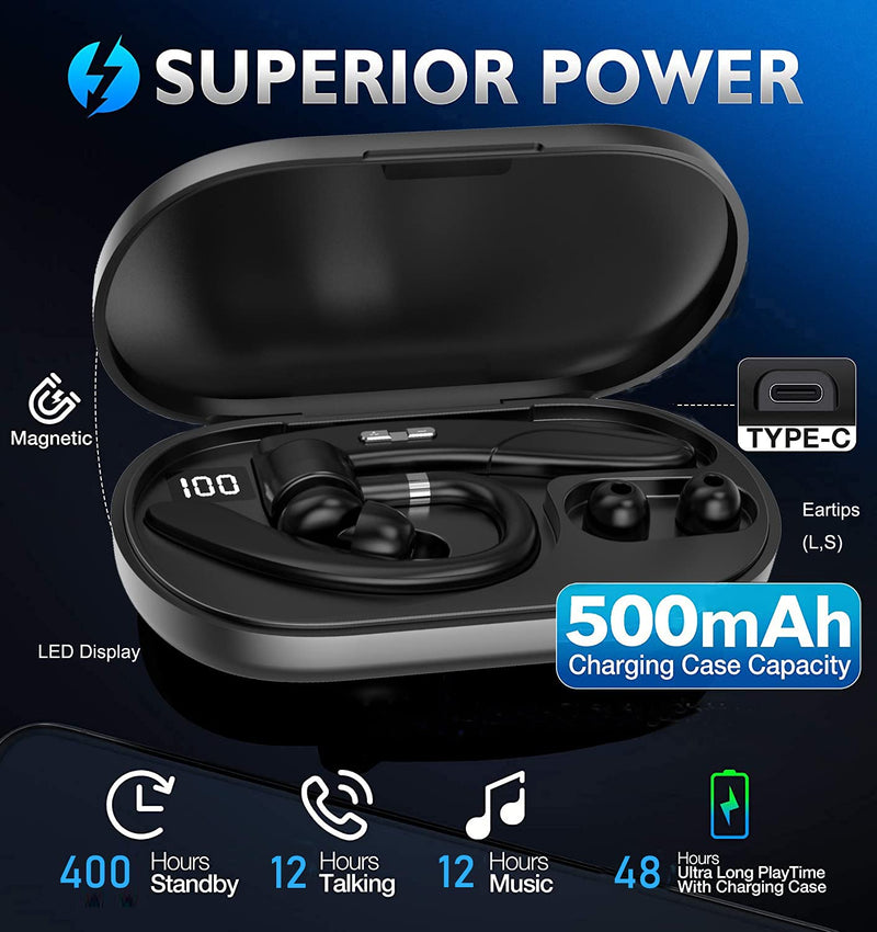 [Australia - AusPower] - Bluetooth Headset TOP V5.0 Wireless Headset 48Hrs Playtime with 500mAh Charging Case Built-in Dual Mic Noise Cancelling Bluetooth Earpiece Hands-Free Wireless Earpiece for Driving/Office/Business 