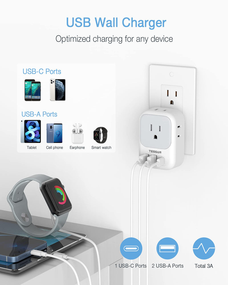 [Australia - AusPower] - USB Wall Charger, USB Plug Adapter Outlet Extender, TESSAN 3 USB Hub (1 USB C Port), Multi Charging Station for Cruise, Bathroom, Office, Dorm Essentials 
