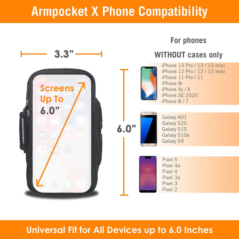 [Australia - AusPower] - Phone Armbands for Running | Armpocket X Phone Armband | Compatible with iPhone 13 Pro, 13 Mini, 12 Pro, 12, 11 Pro, Galaxy S20, Pixel 5, Phones Without Cases up to 6 Inches | Black Medium Strap Medium Strap 10-15" 