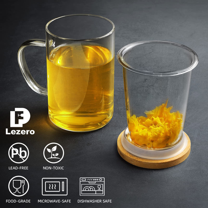 [Australia - AusPower] - Lezero Glass Tea Infuser Cups with Removable Strainer and Bamboo Lid, Borosilicate Glass Tea Mugs for Blooming Tea & Loose Leaf Tea, Microwave & Dishwasher Safe, LEAD-FREE, 15oz/450ml 