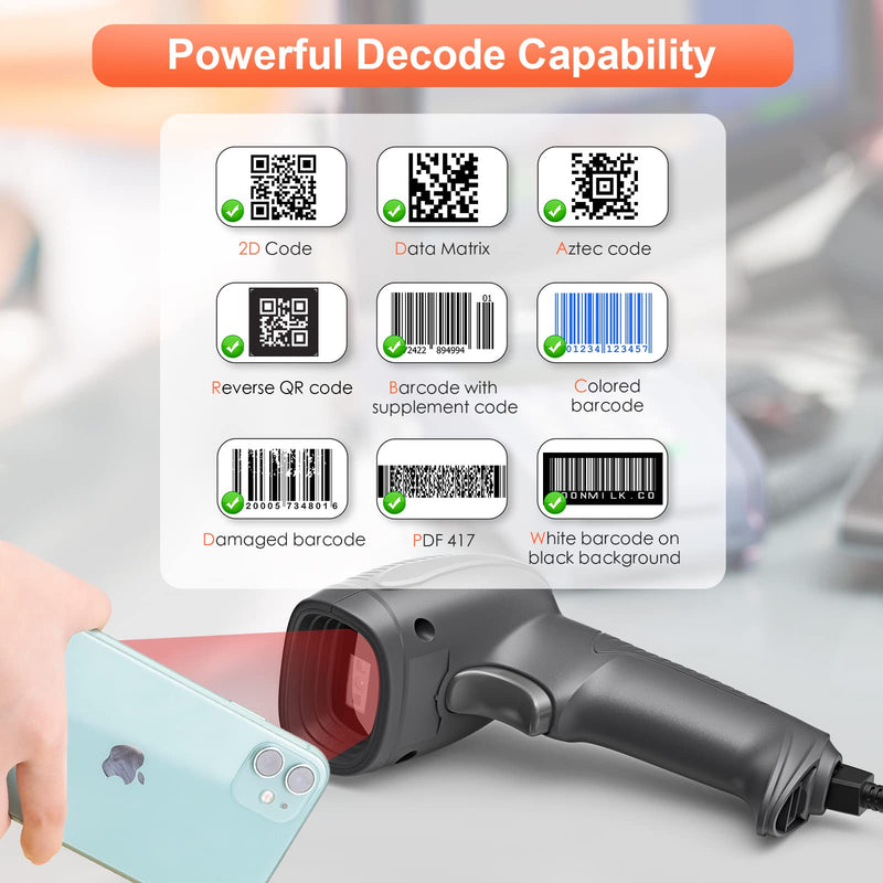 [Australia - AusPower] - Evnvn Upgraded Handheld USB 2D Barcode Scanner QR PDF417 Data Matrix 1D Bar Code Scanner Handle Wired Barcode Reader with USB Cable for Mobile Payment, Convenience Store, Supermarket, Warehouse 