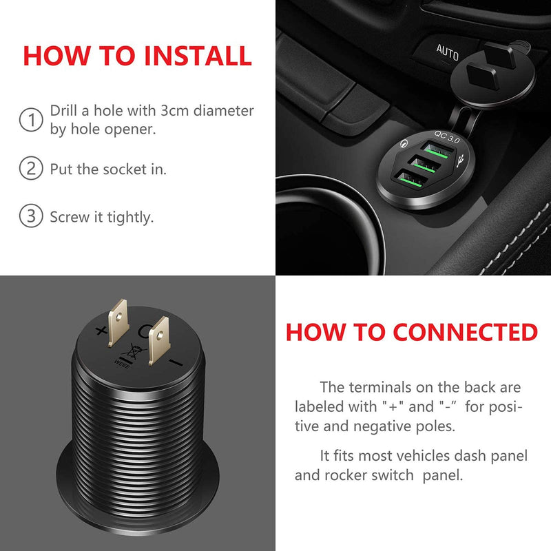 [Australia - AusPower] - 3 USB 3.0 Car Charger, 12V/24V 36W QC3.0 USB Charger Socket, 3 x USB 3.0 Socket Charger USB Outlet Fast Charge with 10A Wire Fuse Aluminum (Black) Black 