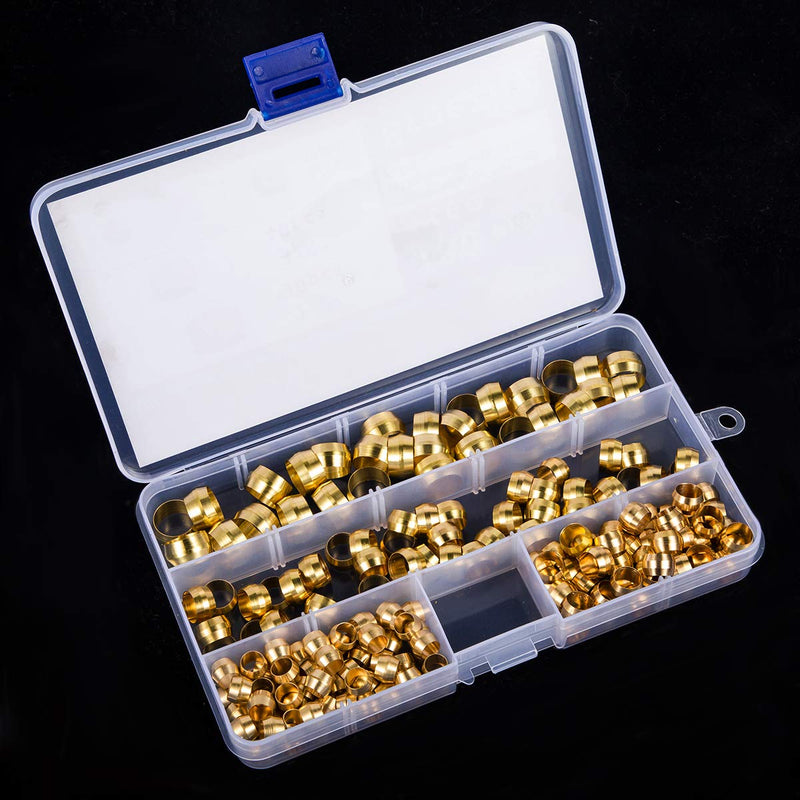 [Australia - AusPower] - Breezliy 180PCS Tube OD（1/4" 5/16" 3/8" 1/2") Brass Compression Sleeves Ferrules ,4 Sizes Brass Compression Fitting Assortment Kit 180PCS 4 Sizes Brass Compression Sleeves 