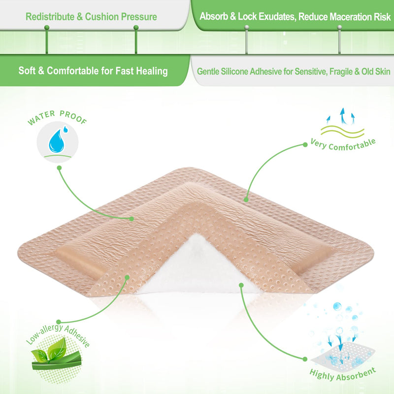 [Australia - AusPower] - Silicone Adhesive Foam Dressing with Gentle Border 6 x 6 inch for Bed Sore Leg Ulcer, 5 Pack, High Absorbency Waterproof Silicone Wound Bandage for Pressure Ulcer by NeuHeils 6''x6'' 