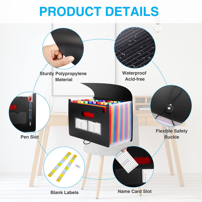 [Australia - AusPower] - Sooez 24 Pockets Expanding File Folder with Blank Labels, According File Organizer with Expandable Cover, Desktop Accordion Folders Letter A4 Paper Document Storage Organizer, Black 