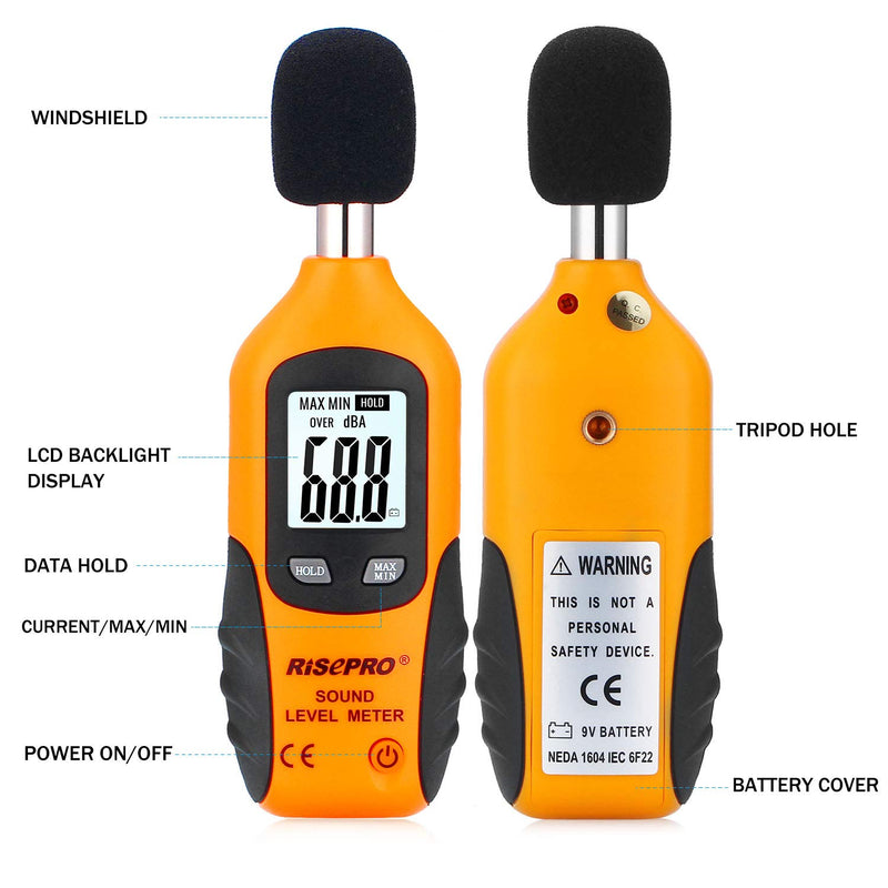 [Australia - AusPower] - RISEPRO Decibel Meter, Digital Sound Level Meter 30 – 130 dB Audio Noise Measure Device Backlight MAX/MIN, Data Hold Auto Power Off Dual Ranges HT-80A 