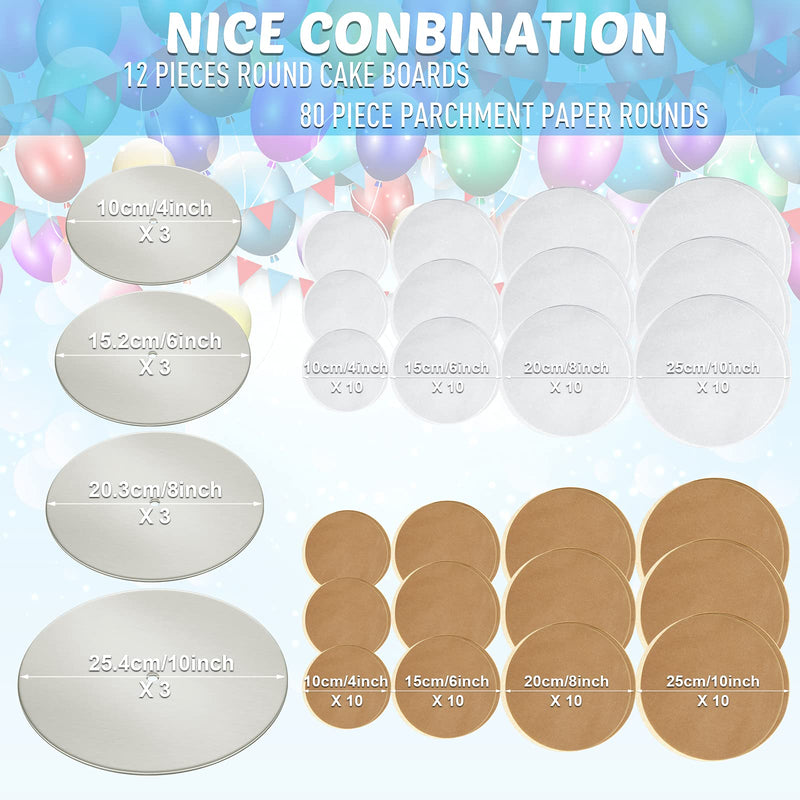 [Australia - AusPower] - 112 Pieces Cake Board Kit Sturdy Round Cake Board 4 Inch, 6 Inch, 8 Inch, 10 Inch with Parchment Paper Round and Plastic Cake Dowel Rod Cake Separator Plate for Tiered Cake for Party Wedding Birthday 