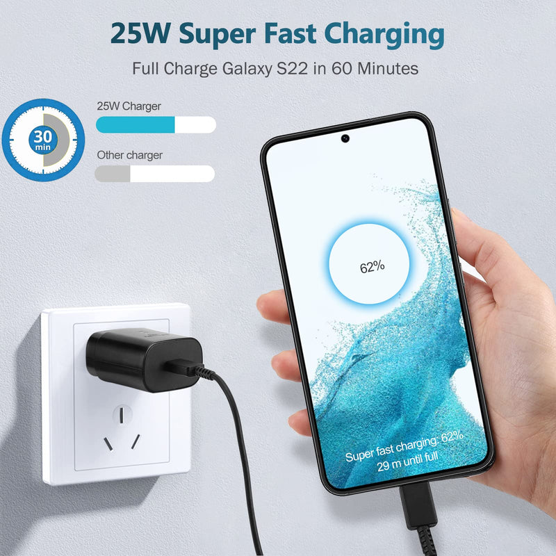 [Australia - AusPower] - Super Fast Charger Type C, 25W USB C Wall Charger with Cable for Samsung Galaxy S22/S22 Ultra/S22+/S21/S21 Ultra/S21+/S21 FE/S20/S20 Ultra/S20+/Note 10/Note10+/Note 20/Note 20 Ultra/Galaxy Z Fold 3 5G 