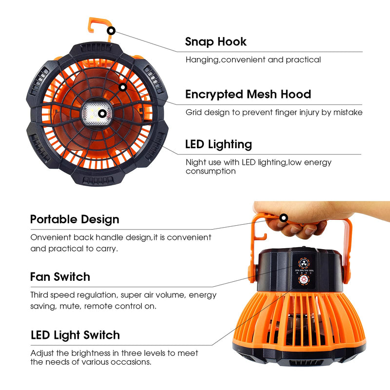 [Australia - AusPower] - MAISINDE Outdoor Portable LED Camping Lantern with Fan,2 In 1 Rechargeable USB Camping Fan Lights,Camping Essentials Tent Fan with LED for Hiking,Home,Office,Emergency(with Remote Control) Orange Medium 