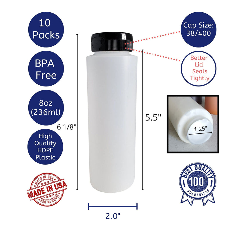 [Australia - AusPower] - kelkaa 8oz HDPE Plastic Squeeze Bottles with Wide Mouth Opening, Black Flip Top Caps for Condiments and Any Thick Liquid Products, Multi Purpose Refillable Empty Bottles (Pack of 10) 
