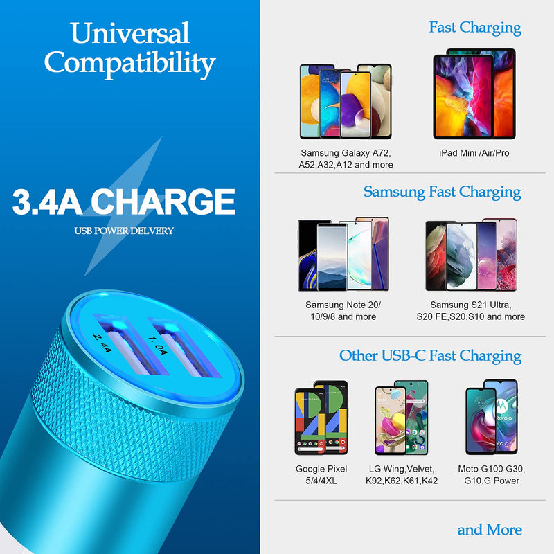 [Australia - AusPower] - USB Type C Car Charger [3ft+6ft] Android Charging Cable for Samsung Galaxy S21 Ultra S20 FE S20 S10 Note 20 10 9,A22 A72 A52;Google Pixel 4a5G 5 4XL;Moto Edge 20/20 Pro,G100 3.4A Car Charger Adapter 