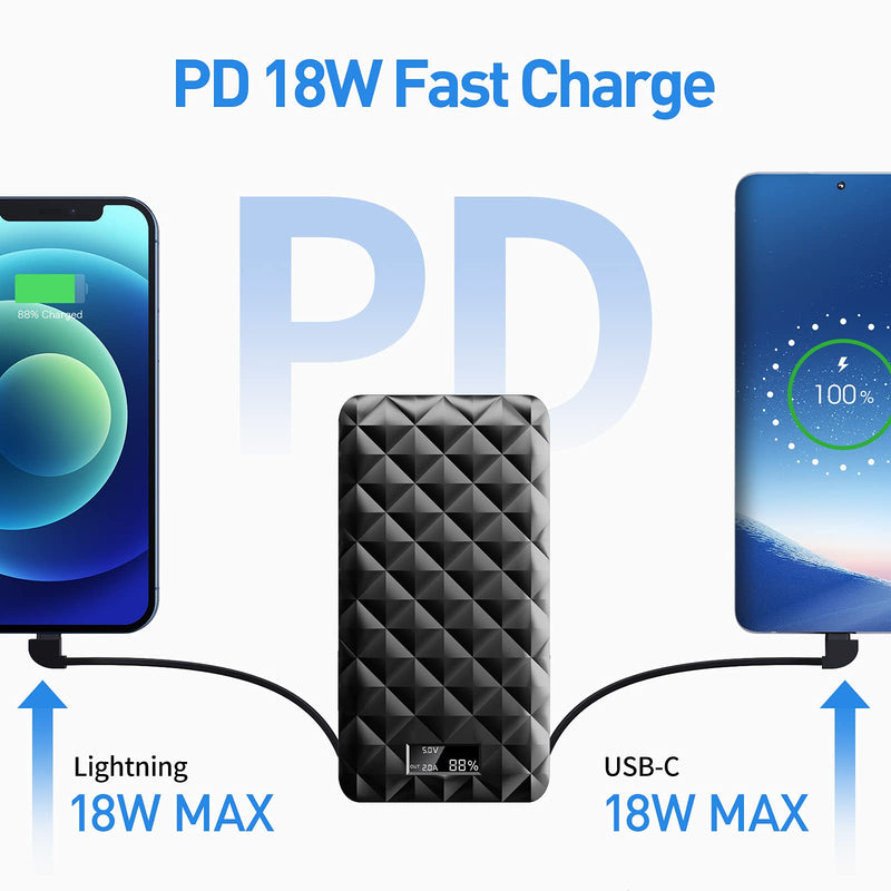 [Australia - AusPower] - iWALK Portable Charger 10000mAh Built in Cables PD 18W Slim Fast Charging Power Bank with Samrt LED Display,External Battery Pack Compatible with iPhone Samsung Android Phone Power Pack,Black Black 