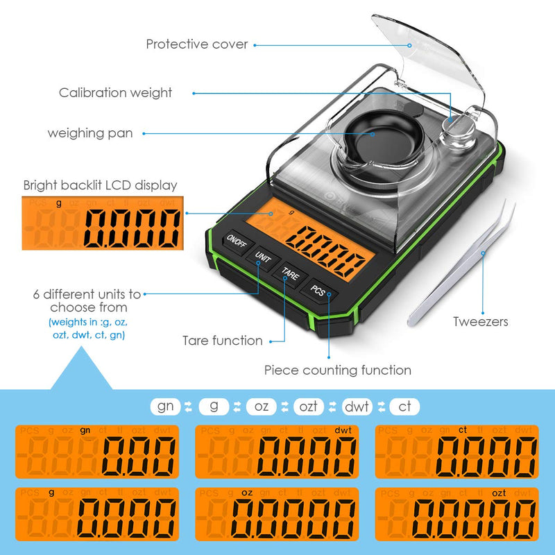 [Australia - AusPower] - Digital Milligram Scale, 50g Portable Mini Scale, 0.001g Precise Graduation, Professional Pocket Scale with 50g Calibration Weights Tweezers (Batteries Included) Green 