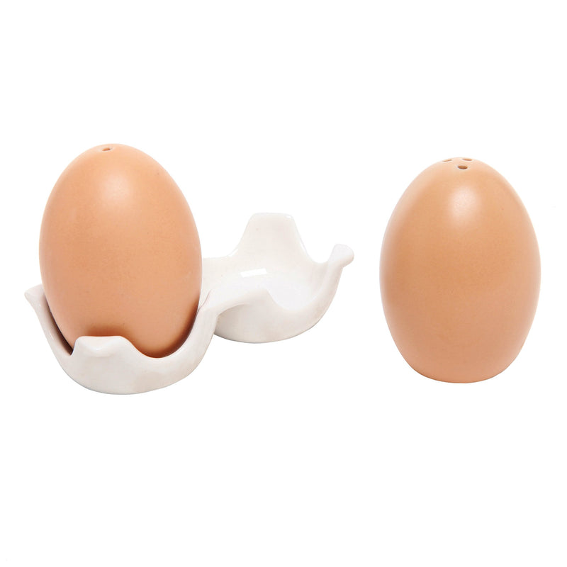 [Australia - AusPower] - MyGift Ceramic Salt and Pepper Shaker Set, Mini Brown Egg Shaped Shakers with Carton Design Holding Stand, 3 Piece 