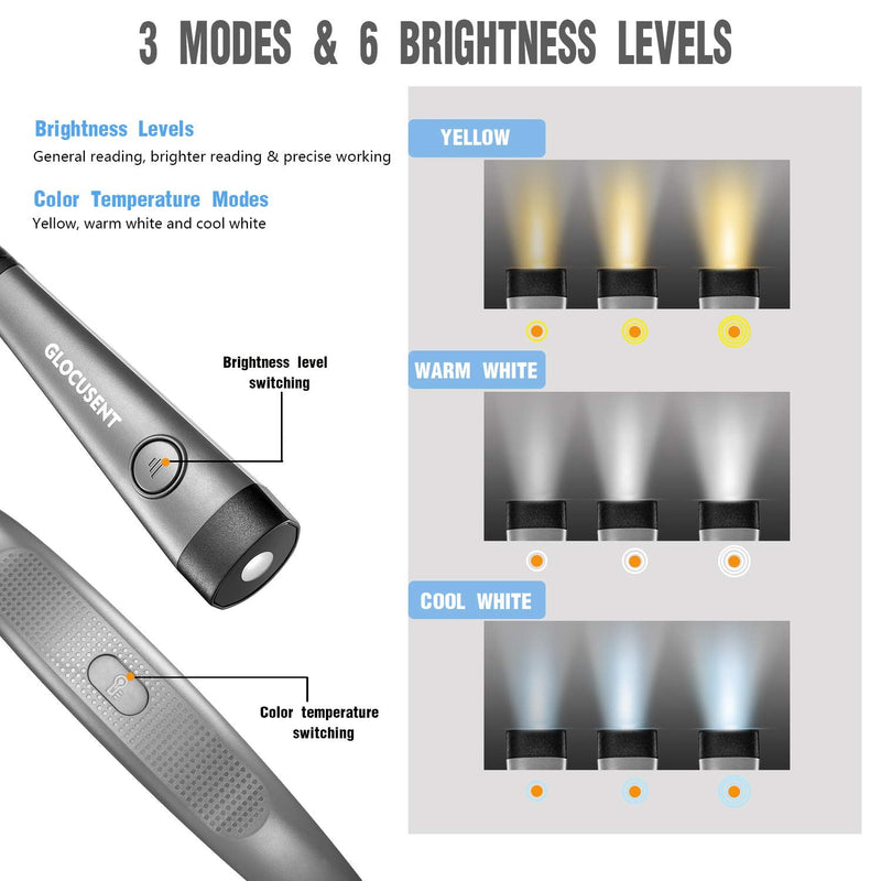 [Australia - AusPower] - Glocusent LED Neck Reading Light, Book Light for Reading in Bed, 3 Colors, 6 Brightness Levels, Bendable Arms, Rechargeable, Long Lasting, Perfect for Reading, Knitting, Camping, Repairing Gray 