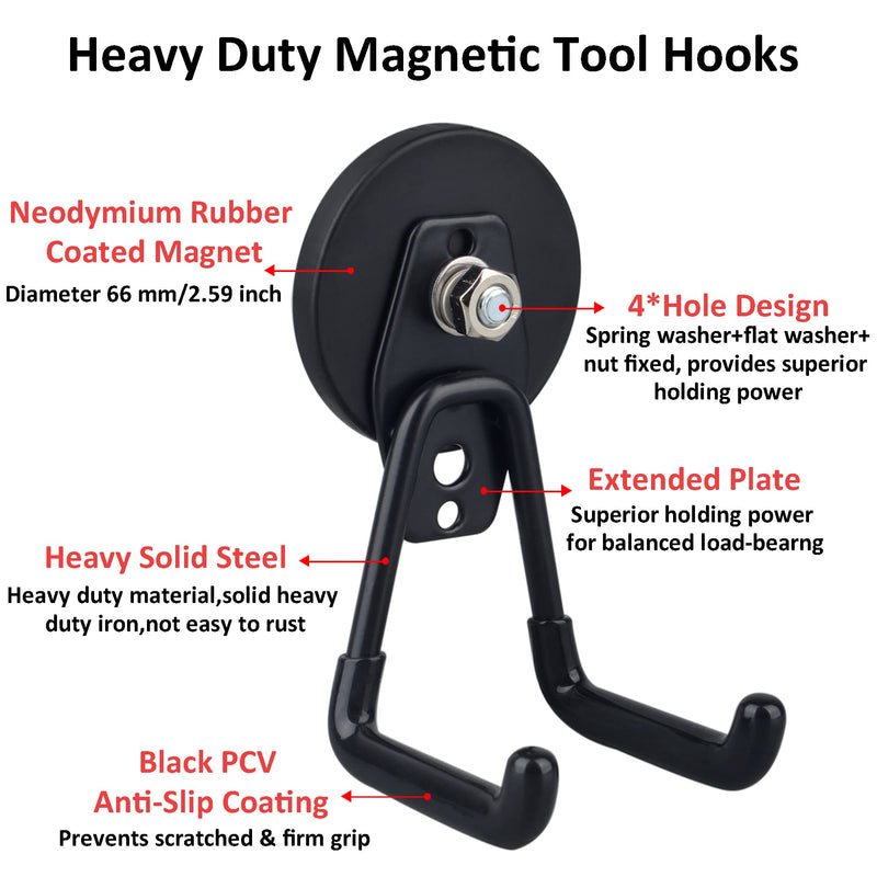 [Australia - AusPower] - ULIBERMAGNET Strong Garage Magnetic Hooks, 2 Pack Heavy Duty Storage Utility Magnet Hooks with Anti-Slip Coating for Indoor & Outdoor Hanging (Black) 2.59INCH MEDIUM L Black 