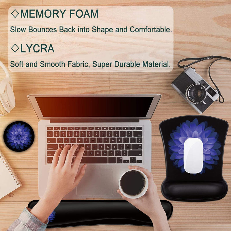 [Australia - AusPower] - Keyboard Wrist Rest and Mouse Pad Wrist Support Set ,Purple Flowers Ergonomic Gel Mouse Pad ,Easy Typing Pain Relief, Memory Foam Keyboard Mousepad Set with Coasters Bf-mouse Pad-3-21 