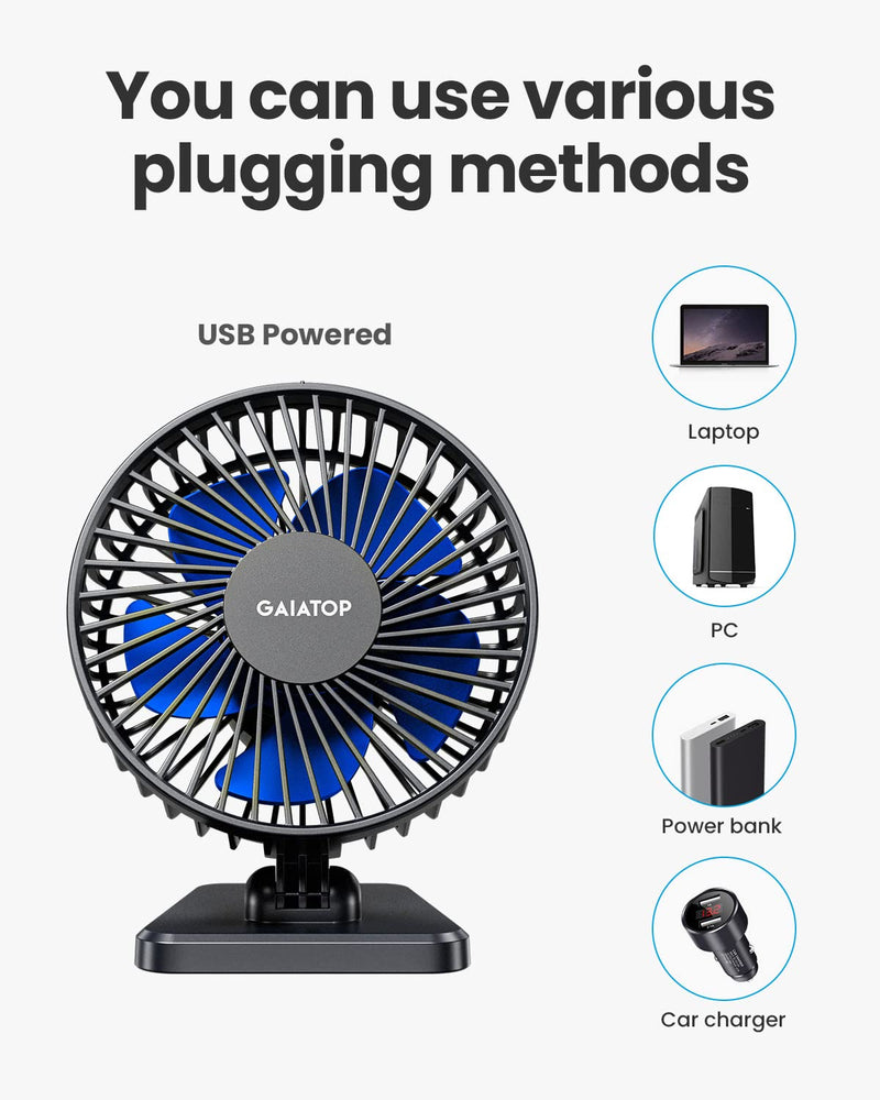 [Australia - AusPower] - Gaiatop USB Desk Fan, Small But Powerful, Portable Quiet 3 Speeds Wind Desktop Personal Fan, Adjustment Mini Fan for Better Cooling, Home Office Car Indoor Outdoor (Blue) Blue 