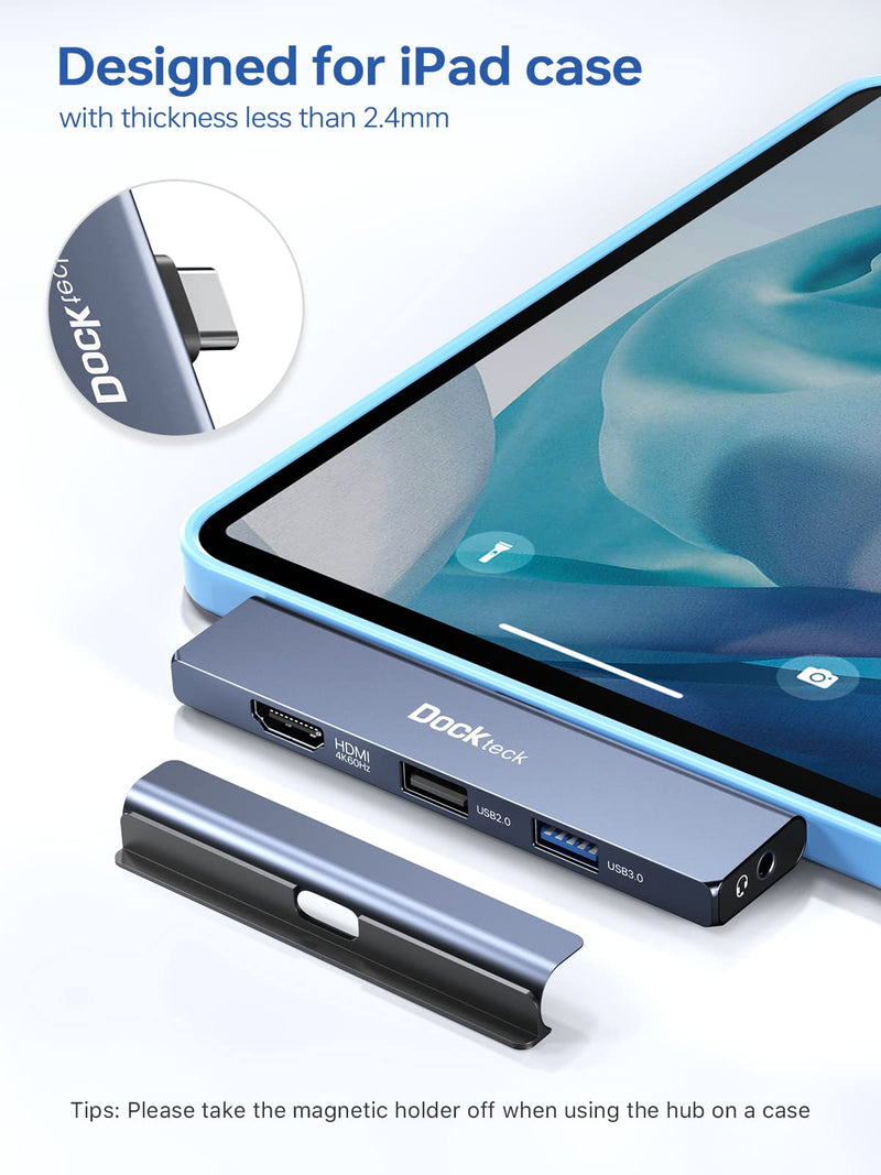 [Australia - AusPower] - iPad Pro USB C Hub Multiport Adapter - Dockteck USBC Hub 5 in 1 with 100W PD, 4K 60Hz HDMI, Audio, USB 3.0, USB C Dock with Magnetic Grip for iPad Pro 12.9 2021 2020 2018, iPad Air, iPad Mini 6 