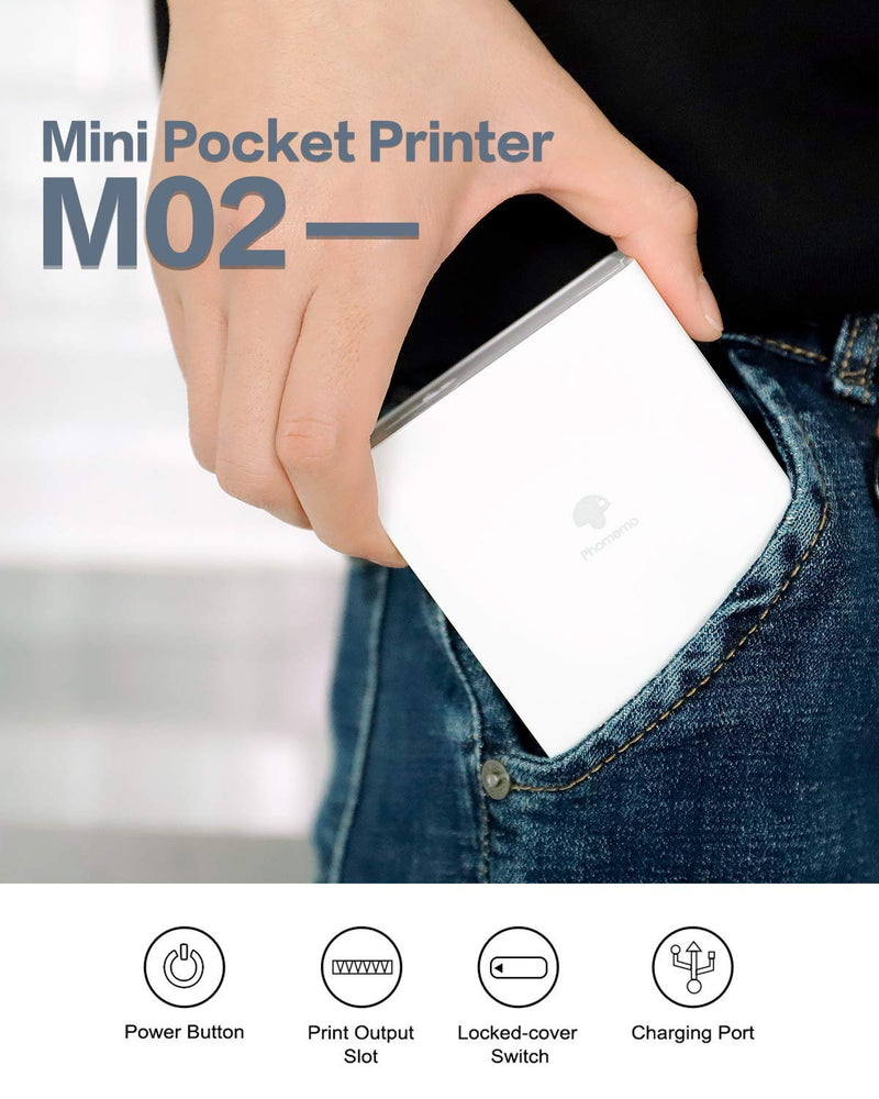 [Australia - AusPower] - Mini Wireless Phone Printer, M02 Pocket Size Printer Gift Box, Thermal Sticker Label, Transparence/Semi-Transparence Label in Box, Compatible with iOS & Android Bluetooth Phone Printer - White 