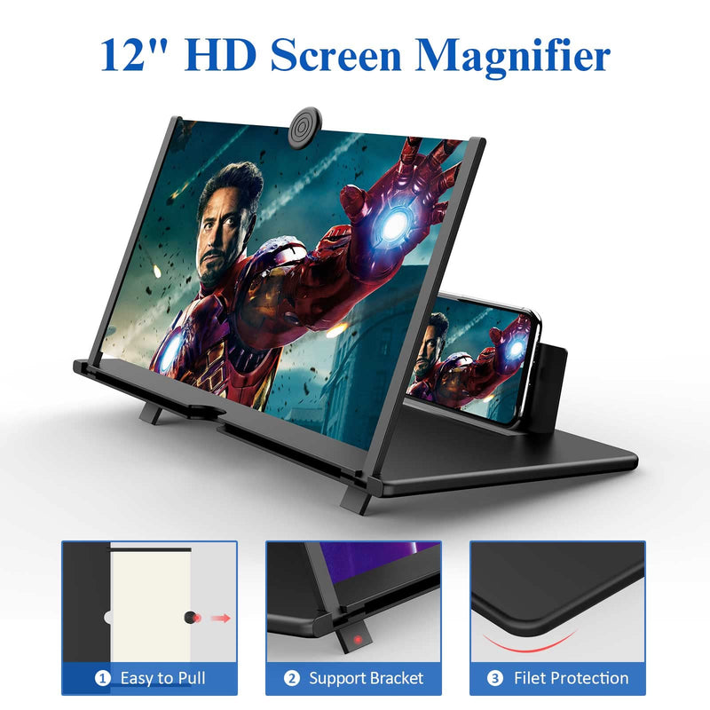 [Australia - AusPower] - 12" Screen Magnifier for Cell Phone -3D HD Magnifying Projector Screen Enlarger for Movies, Videos and Gaming – Foldable Phone Stand Holder with Screen Amplifier–Compatible with All Smartphones Black-12 inch 