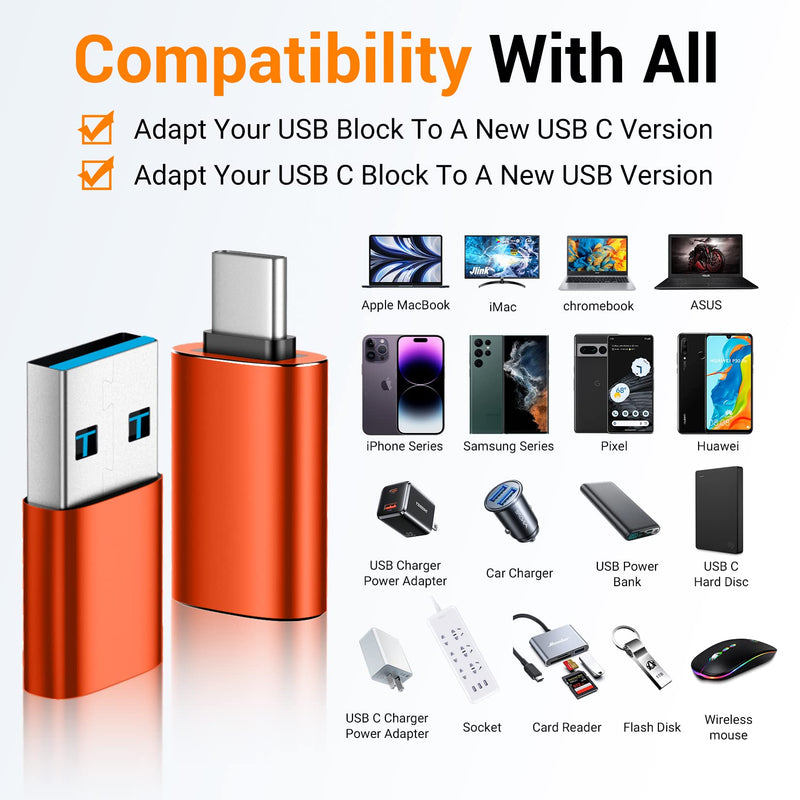 [Australia - AusPower] - [4 Pack]USB C to USB Adapter,【2*USB-C to USB-A】&【2*USB-A to USB-C】Female Adapter SuperSpeed Data Transfer & Fast Charging - Compatible with Laptop, PC, Charger, Power Bank, usb c to usb adapter-Orange 4 Pack Orange 