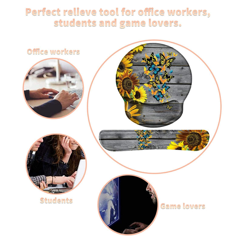 [Australia - AusPower] - Keyboard Wrist Rest Pad and Mouse Pad Wrist Rest Support Set, Ergonomic Gaming Mousepad Durable Smooth Surface Non-Slip Base Sunflower Butterfly Design for Computer Laptop Home Office + Cute Coasters Yellow Sunflowers and Butterflies 
