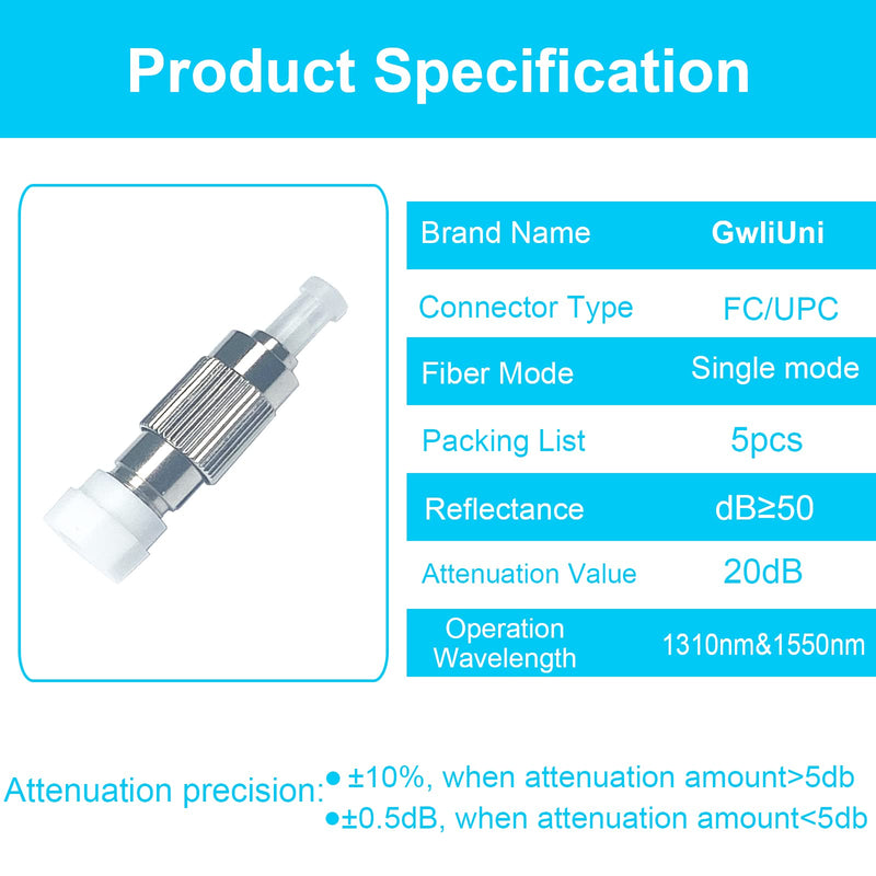 [Australia - AusPower] - 5 Pcs Fiber Optic attenuator, Fiber Signal Attenuation Converter Inserts Connector (FC-UPC, 20dB) FC-UPC 