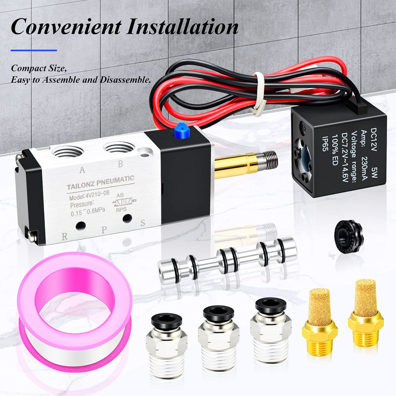 [Australia - AusPower] - TAILONZ PNEUMATIC 1/4"NPT Solenoid Valve 12V/24V/110V Single Coil Pilot-Operated Electric 2 Position 5 Way Connection Type 4V210-08 DC12V 