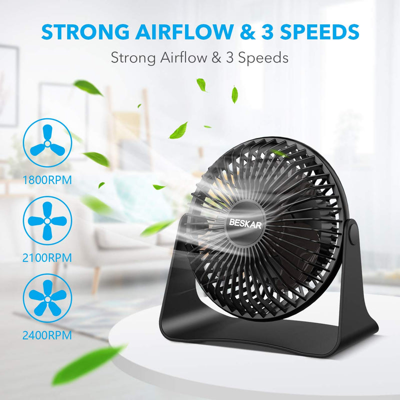 [Australia - AusPower] - BESKAR USB Small Desk Fan - 6 Inch Portable Fans with 3 Speeds Strong Airflow, Quiet Operation and 360°Rotate, Personal Table Fan for Home,Office, Bedroom - 3.9 ft Cord Black 