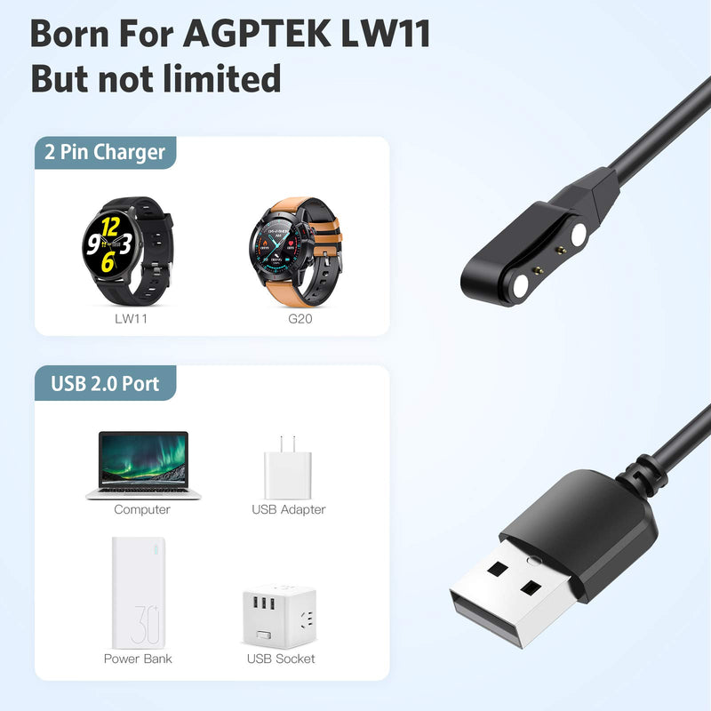 [Australia - AusPower] - AGPTEK Smart Watch Charger USB Cable for LW11, USB Charging Replacement Cable for Bluetooth Smartwatches 2 Pack 