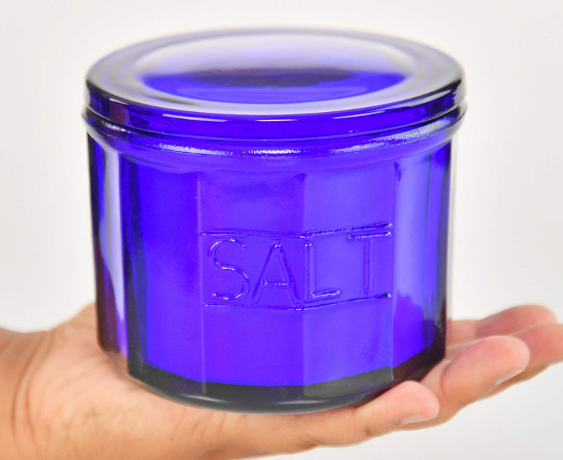 [Australia - AusPower] - HOME-X Depression Style Blue Glass Salt Cellar with Lid, Retro Kitchen Decor, Wedding Gift - 3 1/2" H x 4" D 