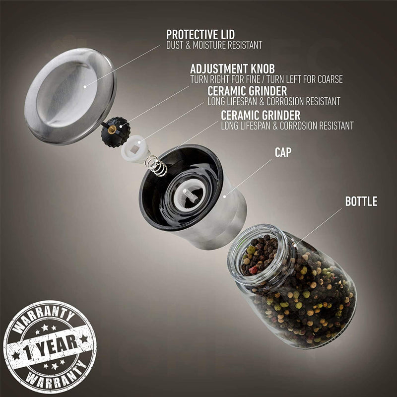 [Australia - AusPower] - HOME EC Premium Stainless Steel Salt and Pepper Grinder Set of 2 - Adjustable Ceramic Sea Salt Grinder & Pepper Grinder - Glass Salt and Pepper Shakers - Pepper Mill & Salt Mill W/Funnel & EBook ClearSilver 