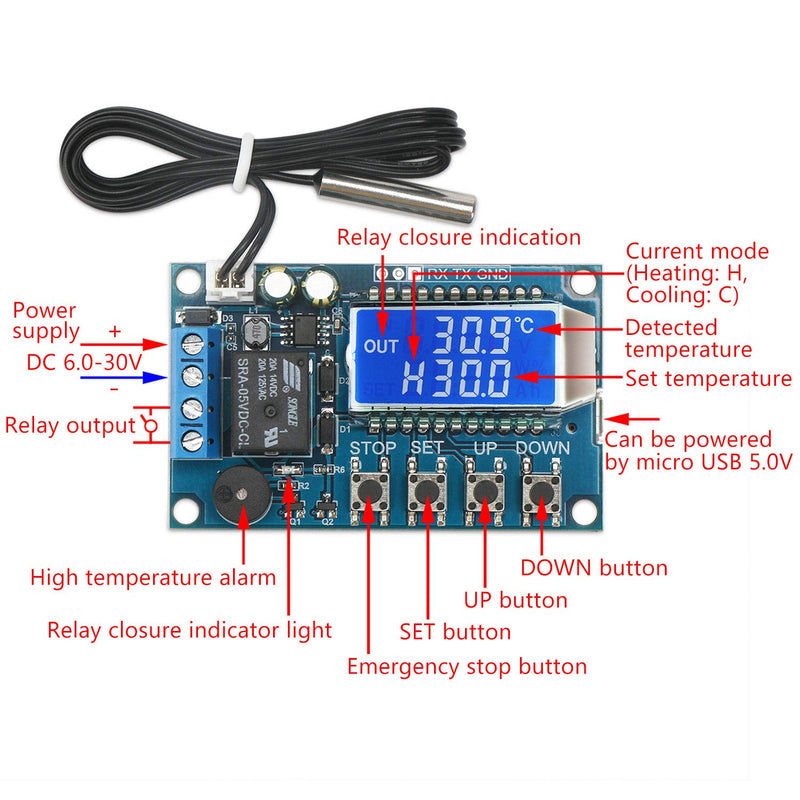 [Australia - AusPower] - Electronic Thermostat Controller, DROK DC 6-30V 24V Digital Temperature Control Board -50 to +110 Degree Celsius High Accuracy LCD Digital Micro Temp Control Switch Module with Waterproof Sensor Probe 