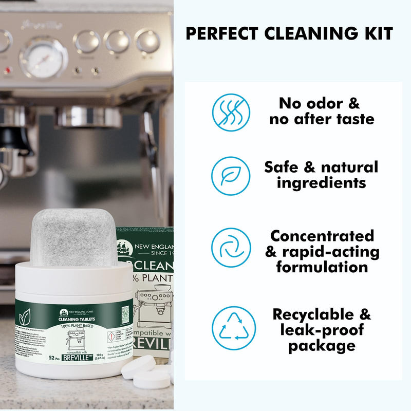 [Australia - AusPower] - New England Stories Breville Compatible Espresso Machine Water Filter Knit, 1 Year Espresso Clean Maintenance Kit, Includes 52 Cleaning Tablets & 6 Water Filter 