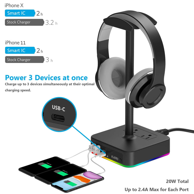 [Australia - AusPower] - KAFRI RGB Headphone Stand with USB A&C Charger Desk Gaming Headset Holder Hanger Rack with 3 USB Charging Port and 2 Outlet - Suitable for Gamer Desktop Table Game Earphone Accessories Boyfriend Gifts A-ONE STAND 