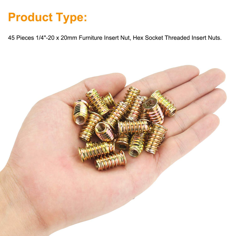 [Australia - AusPower] - Powlankou 45 Pieces 1/4"-20 x 20mm Furniture Insert Nut, Hex Socket Threaded Insert Nuts with a Hex Wrench 