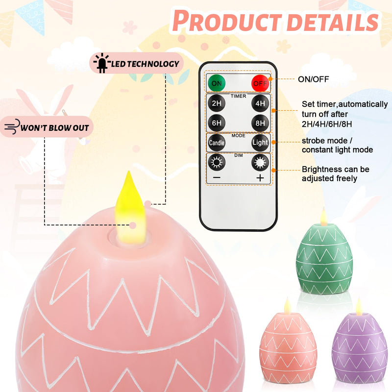 [Australia - AusPower] - MTLEE 3 Pcs Easter Flameless Candles Egg Figural Flameless Candle Egg LED Battery Candles with Remote Timer Easter Candles for Easter Party Holiday Decoration Centerpiece (3.6" x 4.8") 