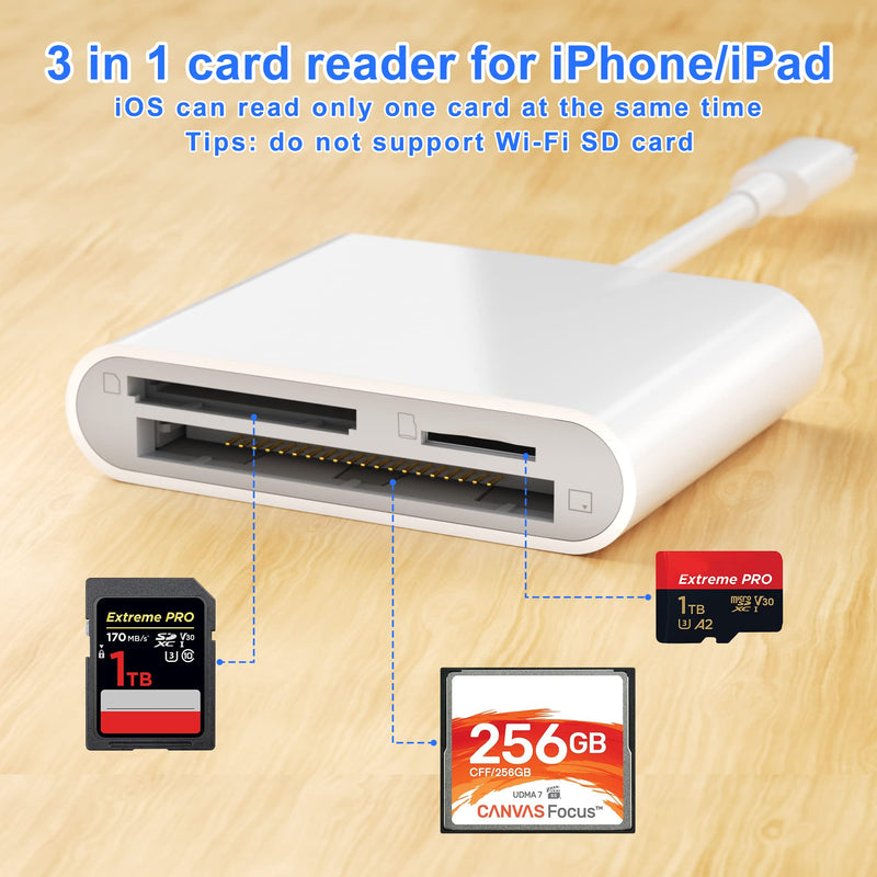 [Australia - AusPower] - CF SD Card Reader for iPhone iPad, 3 in 1 Compact Flash Memory Card Reader Adapter, 3-Slot MicroSD CF SD Trail Game Digital Camera Viewer for iPhone 13/13 Pro/12/12 Pro No App Required SZHAIYIJIN 