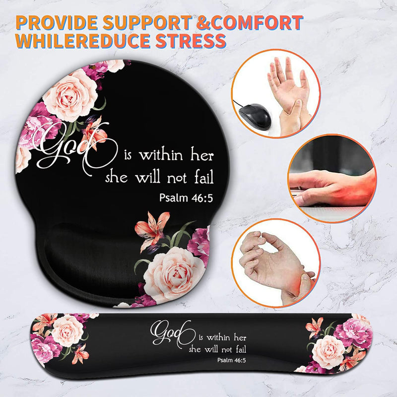 [Australia - AusPower] - Keyboard Wrist Rest Pad and Ergonomic Mouse Pad Wrist Support Set for Computer, Gaming , Office, Pain Relief + Coasters，Peony Flower Psalm 46:5 God is Within Her, She Will Not Fall Fd-wristrest-3 
