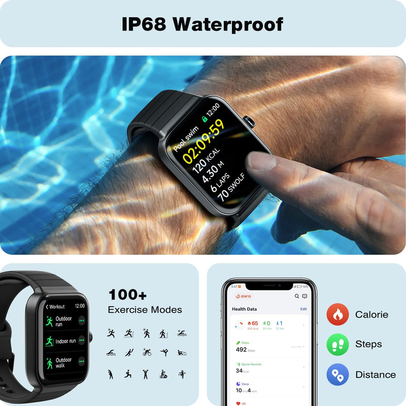 [Australia - AusPower] - Fitpolo Smart Watch for Men Women, 1.8" Fitness Watches Call Alexa 100+ Workouts SpO2 Heart Rate Monitor Sleep Calorie Step Counter Waterproof Activity Trackers and Smartwatches for Android iPhone BLACK 