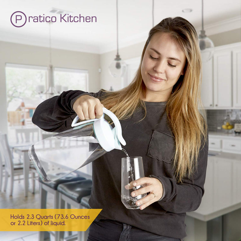 [Australia - AusPower] - Pratico Kitchen QuickPour Water, Juice, and Beverage Airtight Pitcher, Made in Japan, 2.3 qt, 73 oz, White Holds 2.3 Quarts 2.3 Qt - Clear with White Top 