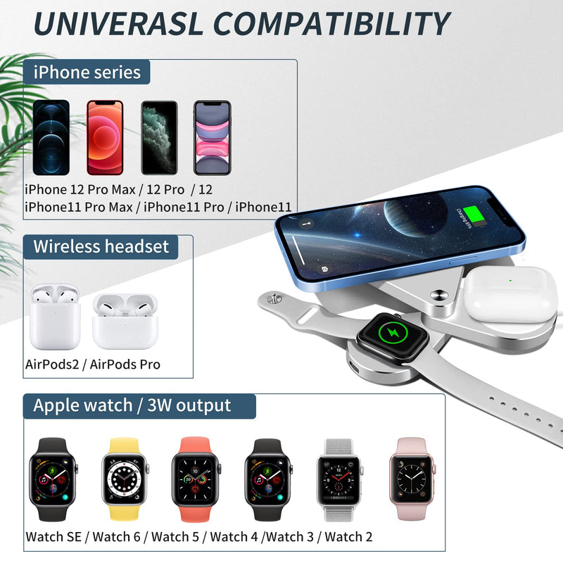 [Australia - AusPower] - 3 in 1 Detachable Magnetic Wireless Charger, 15W Fast Wireless Charging Station for iPhone 13/12, Foldable Wireless Charger Stand Compatible with iWatch SE/6/5/4/3/2 and Airpods Pro/2(Sliver) sliver 